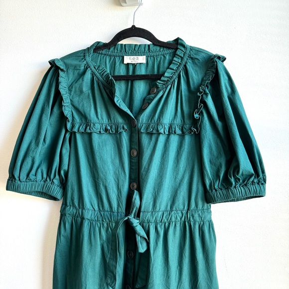 Sea NY Sibylle Solid Dress Forest Poplin Tiered Skirt Ruffle Pockets Medium - Picture 4 of 14
